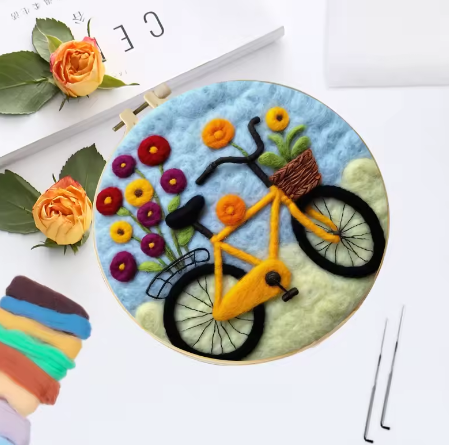 20x20cm Needle Felting Kit – Bicycle and Cars DIY Wool Craft for Beginners