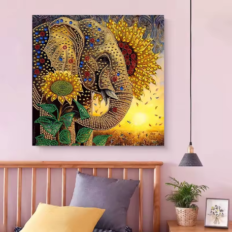 5D Diamond Painting Kit – Sunflower Elephant Mosaic Art for Home Decor